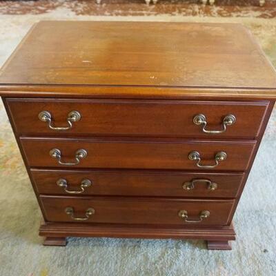 1228	4 DRAWER NIGHTSTAND HAS BRACKET FEET FINISH WEAR ON THE TOP, 24 IN W, 14 IN DEEP, 23 1/2 IN H 
