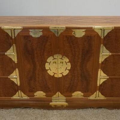 1177	BRASS BOUND ASIAN LOW CHEST, HAS 2 DOORS & 6 DRAWERS PLUS 3 INTERIOR DRAWERS, BURL PANELS, 71 1/2 IN WIDE X 31 1/2 IN HIGH X 18...