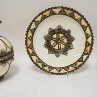 1107	3 PIECE DECORATIVE POTTERY W/METAL OVERLAY, ONE PIECE OF METAL TRIM NEEDS TO BE REATTACHED
