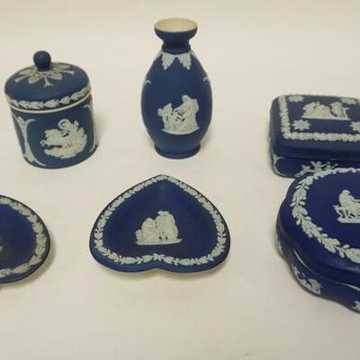 1120	6 PIECES WEDGWOOD JASPERWARE, 2 TRAYS, 3 COVERED BOXES & A 5 3/8 IN VASE, ALL MADE IN ENGLAND
