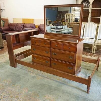 1230	JAMESTOWN CHERRY BED & DRESSER W/ MIRROR, HAS A BOOKCASE HEADBOARD, 43 IN W. DRESSER IS 64 IN H, 50 IN W, & 19 IN DEEP
