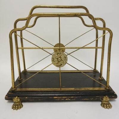 1255	CLAW FOOT BRASS & WOOD MAGAZINE RACK. 15 IN X 8 IN, 13 IN H 
