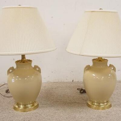1246	PAIR OF URN FORM CERAMIC LAMPS W/ HANDLES, 27 IN H 
