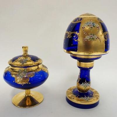 1126	COLBALT BLUE W/GOLD GLASS COVERED JAR & CANDLE LAMP, APPLIED PORCELAIN FLOWERS
