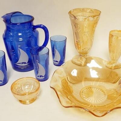 1280	9 PC BLUE SAILBOATS & MARIGOLD IVES & HERRINGBONE, VASE IS 9 1/4 IN HIGH
