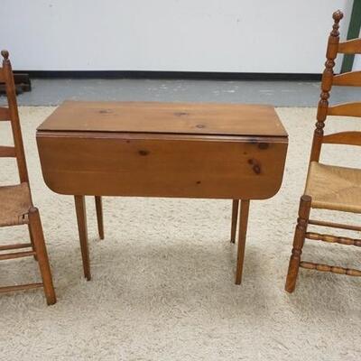 1208	3 PIECES OF FURNITURE; DROP LEAF TABLE 15 1/2 IN X 36 IN CLOSED, 28 IN H, & TWO LADDER BACK CHAIRS ONE HAS RUSH SEAT, ONE HAS...