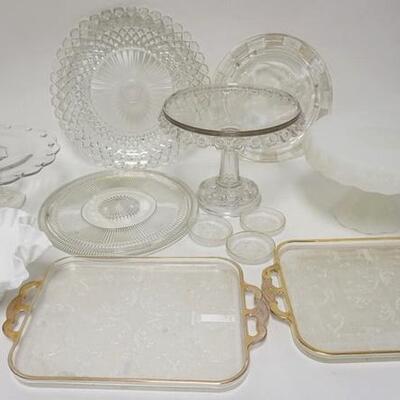 1277	12 PIECE GLASS LOT W/3 CAKE STANDS, HOBNAIL MILK GLASS, LYRE TRAYS W/GOLD RIMS, ETC
