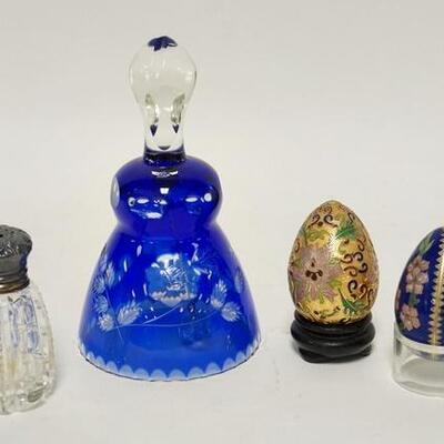 1261	4 PIECE LOT W/2 CLOISONNE EGGS, BLUE CUT TO CLEAR BELL, & CUT GLASS SALT SHAKER W/STERLING SILVER TOP, TALLEST IS 5 3/4 IN
