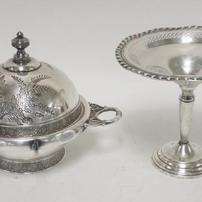 1313	2 PIECE-BUTTERDISH & COMPOTE, VICTORIAN SILVERPLATED BUTTERDISH W/DRAIN PLATE & WEIGHTED STERLING SILVER COMPOTE W/DENTS, 6...