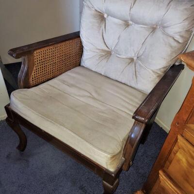 A pair of Vintage Chenille Tufted Back Armchair W Cane Siding