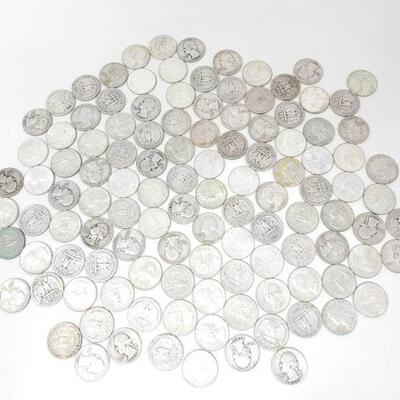 #2562 â€¢ Approx 110 Pre 1964 Washington Quarters, 723g: Weighs Approx: 723g Includes Philadelphia Mint, Denver Mint and San Francisco...