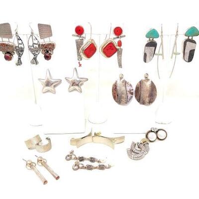 #2268 â€¢ (14) Pairs of Sterling Silver Fashionable Abstract Earrings, 164.3g