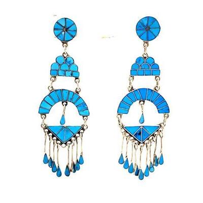 #662 â€¢ Native American Sterling Silver And Turquoise Inlay Dangle Earrings By Frederico Jimenez: Native American Sterling Silver...