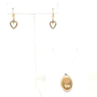 #2172 â€¢ 10k Gold Locket Pendant and Heart Earrings, 5.2g