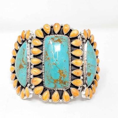 #596 â€¢ Native American G. James Large Statement Sterling Silver Cuff With Turquoise & Spiny Oyster, : Gorgeous Statement Cuff with...