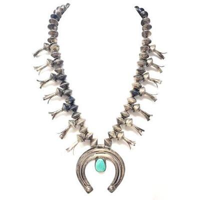 #604 â€¢ Native American Sterling Silver Turquoise Vintage Squash Blossom: Measures Approx 25" 
Weighs Approx 170g
