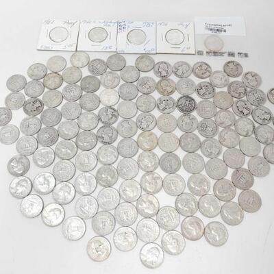 #2566 â€¢ Approx 130 Pre 1964 Washington Quarters: Weighs Approx: 754g Includes Philadelphia Mint and Denver Mint
