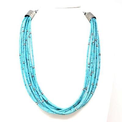 
#684 â€¢ Native American Turquoise and Sterling Silver Beaded and Engraved Necklace, 110g: Weighs Approx 110g