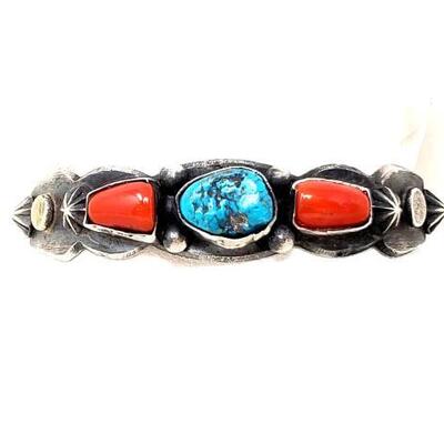 #628 â€¢ Native American Sterling Silver Turquoise and Coral Cuff, 35g:Weighs Approx 35.0g
Chimney Butte, a famous Native American artist...