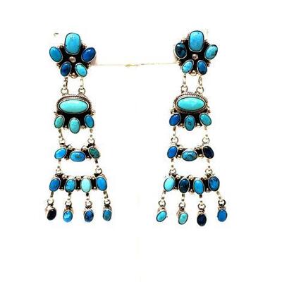 #664 â€¢ Native American Sterling Silver And Turquoise Chandelier Earrings By E. Spencer: 