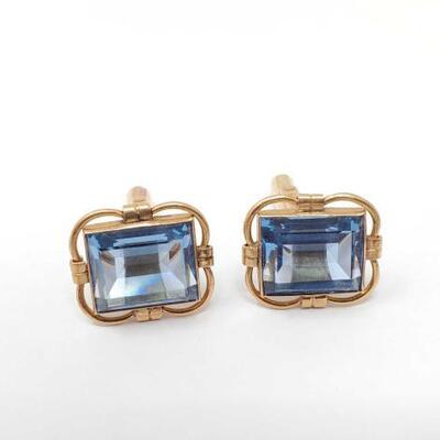 #2068 â€¢ 14k Gold Pair of Cufflinks with Aqua Stone, 9g