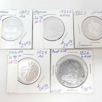 #2610 â€¢ Assortment of Half Dollars:Years Range: 1826-1925 Includes Colombiun Expo, Monroe Doctrine, Stone Mountain, George Washington...
