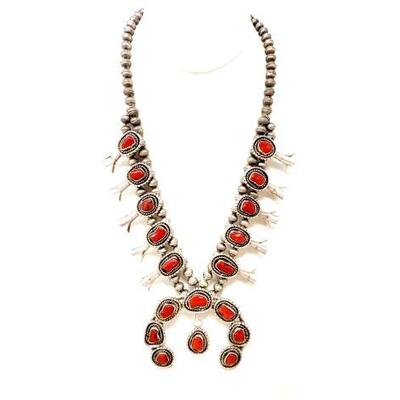 #600 â€¢ Vintage Navajo Squash Blossom Necklace 20" Red Coral Marked Sterling Signed: Beautiful and rare vintage pre-owned red coral...