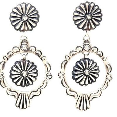 #668 â€¢ Vintage Double Concho Native American Sterling Silver Engraved Earrings Weighs Approx 19.6g