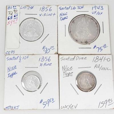 #2582 â€¢ US Seated Liberty Half Dollar, Quarter, Dime and Half Dime. Includes 1843 US Seated Liberty Half Dollar 1856 US Seated Liberty...