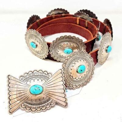 #590 â€¢ Captivating Contemporary Turquoise and Sterling Silver Concho Belt: Here is a captivating contemporary turquoise and sterling...