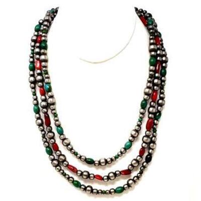 #688 â€¢ Native American Sterling Silver Layered Pawn Bead Necklace With Coral And Turquoise Stones, 73.3g. Weighs Approx 73.3g
Measures...