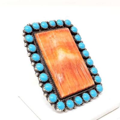 #598 â€¢ Native American Navajo Sterling Silver Large Statement Ring With Spiny Oyster And Turquoise, 36.8g.Large Spiny Oyster stone with...