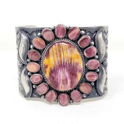 #606 â€¢ Large Native American Kevin Billah Purple Spiny Oyster Sterling Statment Cuff, 184.1gStamped Kevin Billah and Sterling
Weighs...