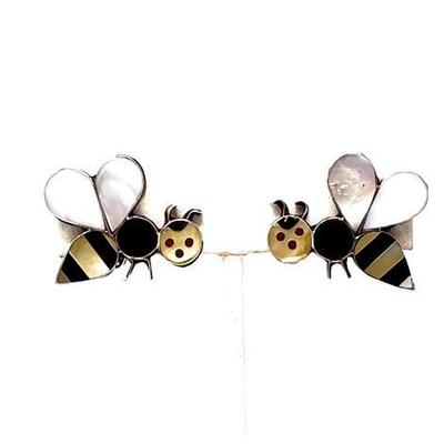 #666 â€¢ Native American Sterling Silver Bee Inlay Earrings, 8.3g: Hand crafted bee earrings inlayed with onyx, coral, and mother of...