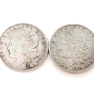 #2497 â€¢ 2 1889 &amp; 1921 Morgan Silver Dollars 53.3g: Philadelphia Mint And New Orleans Mint Weighs Approx 53.3g