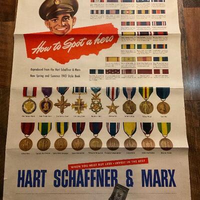 Rare WWII Poster "How to spot a Hero", original 1943 poster from Hart Schaffner & Marx catalog. 