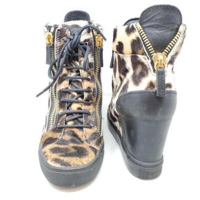 #1450 â€¢ Giuseppe Zanotti Leapord Print Calf Hair Wedge High Top Sneakers Made in Italy Size: 39.