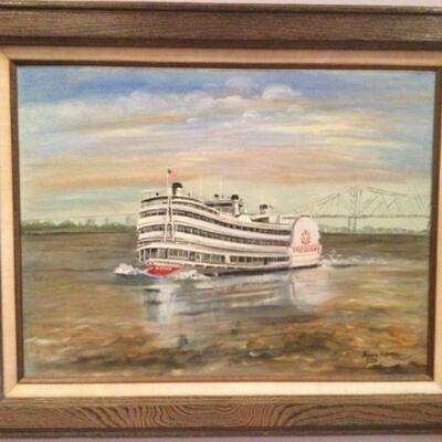 Louisiana folk artist Almarie Pittman Little "The President Paddlewheel" signed original painting; measures 24"w X 18"h