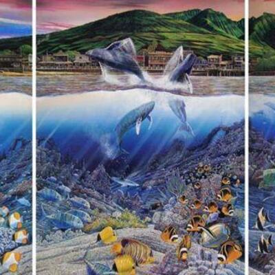 Hawaiian artist Robert Lyn Nelson "Lahaina Rhythm - Land Sea Triptych" (before framing)