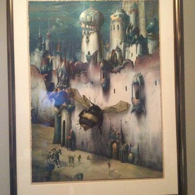 Gil Bruvel "The Infitessimal City" signed lithograph # 61/175 w/ COA; image measures 36"h X 26"w, larger in frame