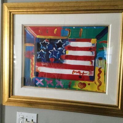 Peter Max "Flag With Heart" signed mixed media painting w/ acrylic & color lithography, unique variation w/ COA; image...