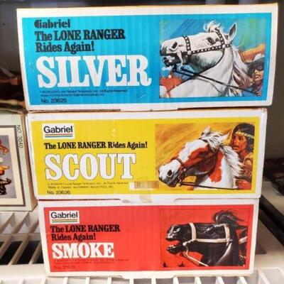 #4034 â€¢ 3 Vintage Gabriel Lone Ranger Horse Figurines in Original Box