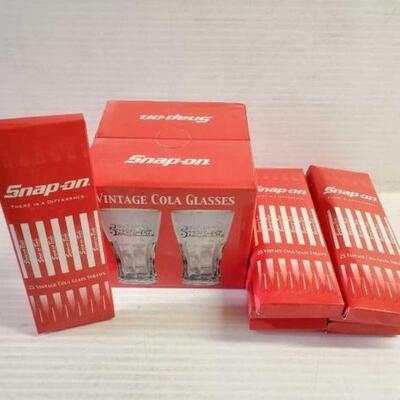 #5602 â€¢ 4 Snap-On Vintage Cola Glasses and 175 Snap-On Straws in Original Boxes