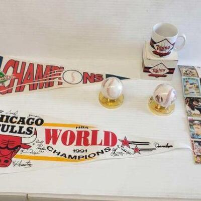 #5180 â€¢ Twins and Bulls Flag, Twins Mug, Angels and Giants Baseballs 