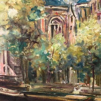 Detail of oil painting of Dutch city scene