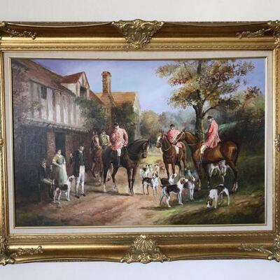 Horsemen oil painting Preparing for the hunt (possible John Sanderson Wells) Nobles and dogs, foxhunt	