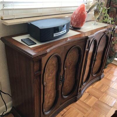 Side Table with Marble inlays, measures 48 wide x 14 deep x 29 high