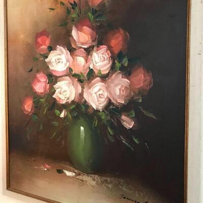 Oil painting of roses. 38 x 26â€. Artist signed Johnson. 	