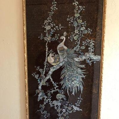 Two Asian Chinese mother of pearl inlay black lacquer wall plaque panels measuring 32.5 x 16.5. Framed and behind glass.