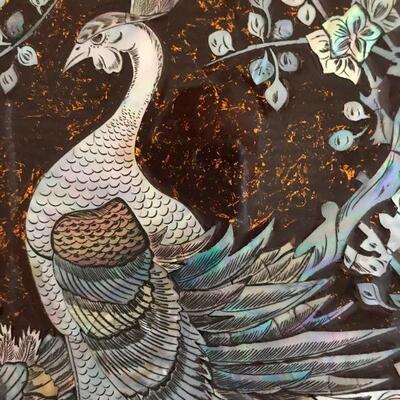 Two Asian Chinese mother of pearl inlay black lacquer wall plaque panels measuring 32.5 x 16.5. Framed and behind glass.